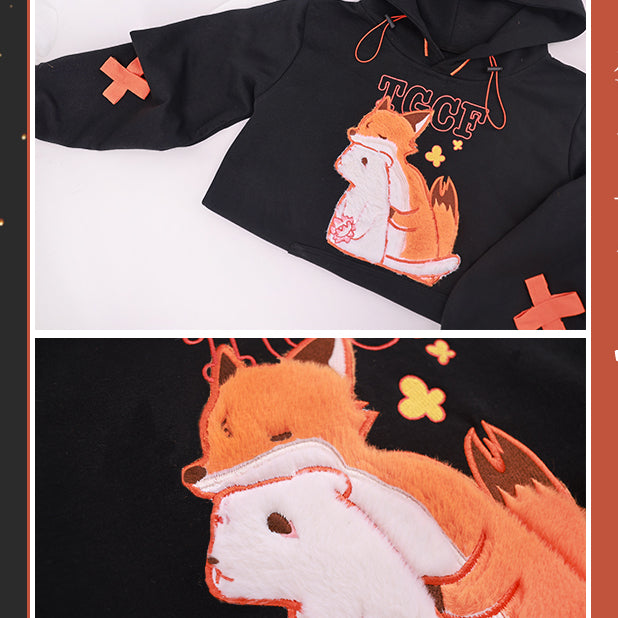 Fox Embroidery Pocket Loose Hoodie