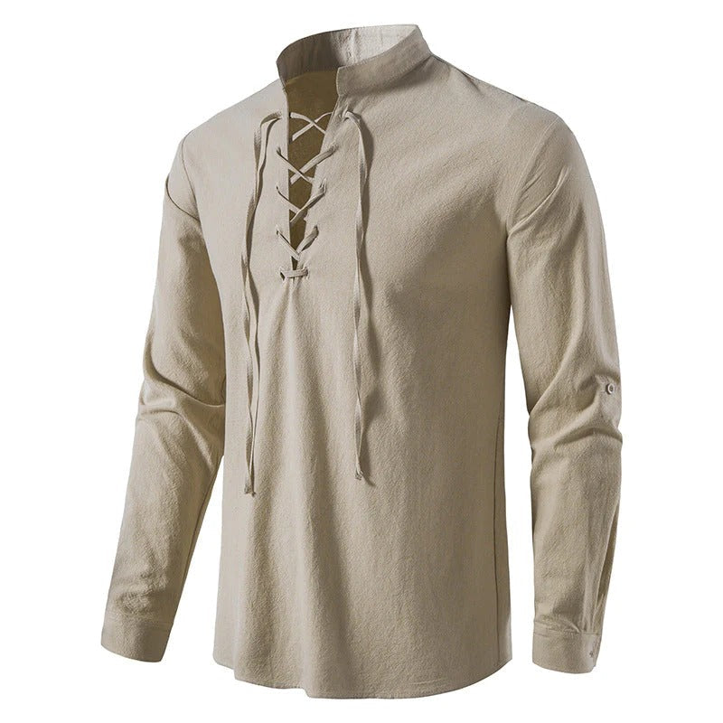 Stylish Men's Hippie Collar Drawstring Long Sleeve Shirt