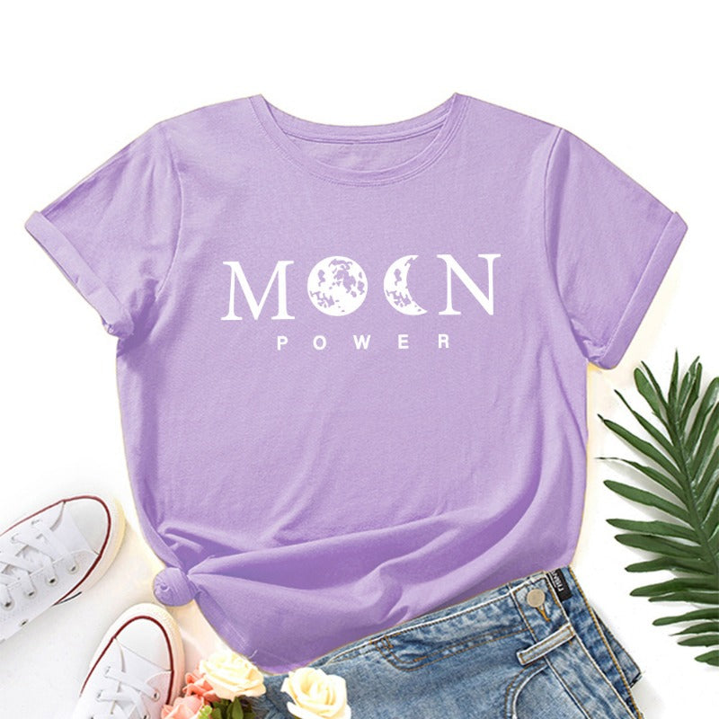 Women's Moon Power Print Loose Round Neck T-shirt