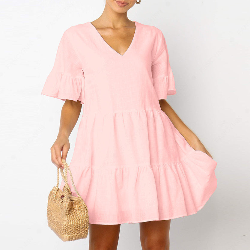 Women's Loose Short-sleeved V-neck Dress