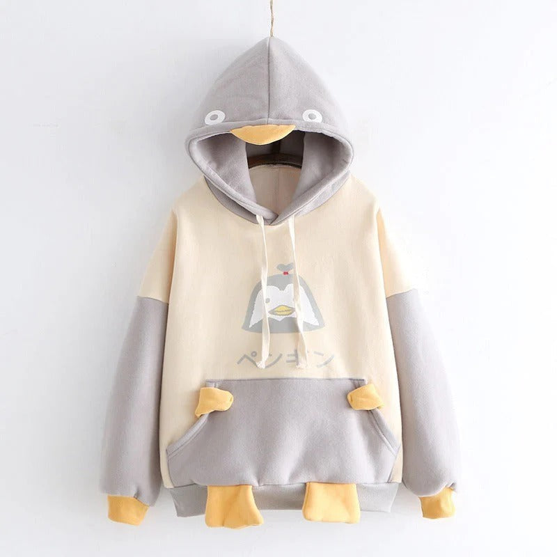 Japanese Fashion Penguin Print Velvet Warm Hoodie