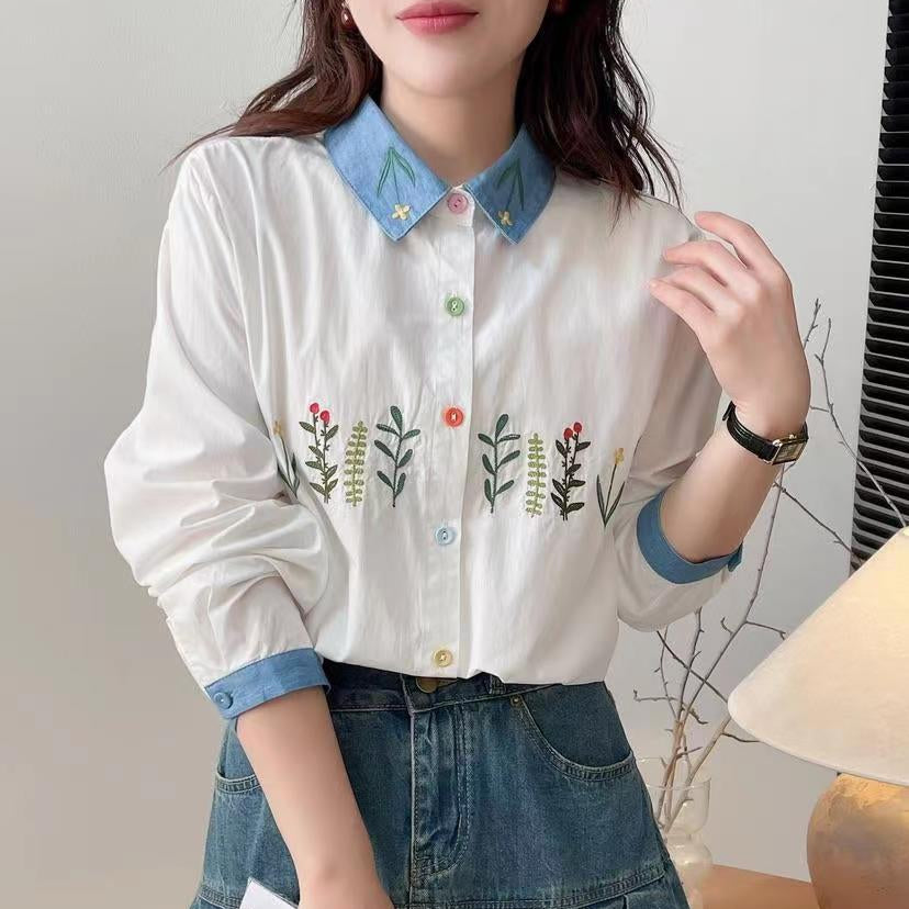 Spring Women's Versatile Floral Embroidered Shirt