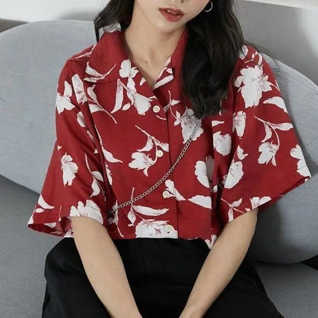 Versatile Retro Summer Cat Printed Flip Collar Shirt