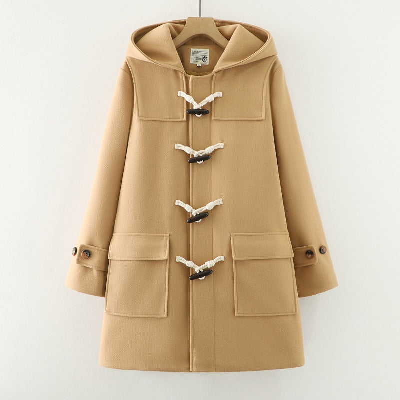 Japanese Style Horn Buckle Thickened Hooded Long Coat