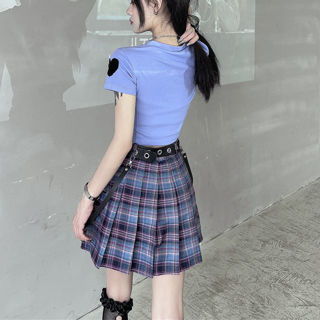 Dark Style Girls Plaid Pleated Skirt with Belt Suit