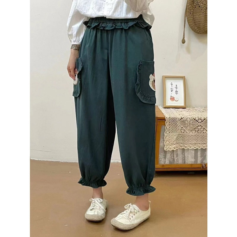 Cute Women's Bear Embroidery Harlan Cropped Pants