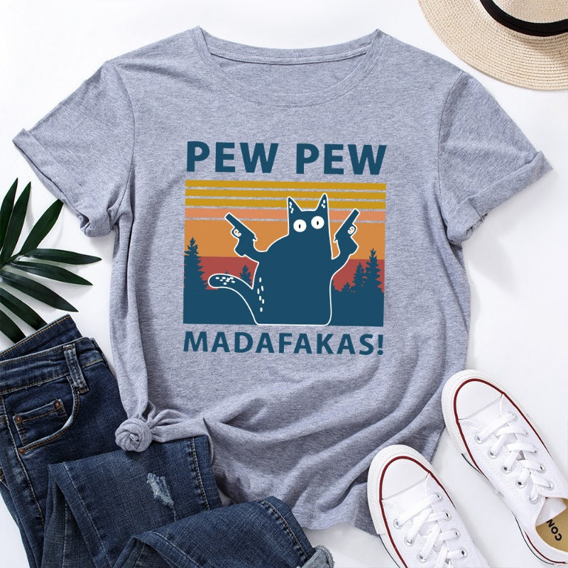 Stylish PEW PEW Cat Loose Round Neck T-shirt