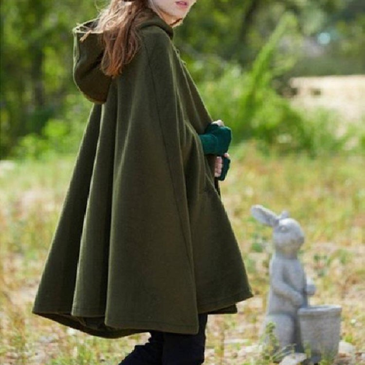 Women's Loose Hooded Button Woolen Shawl Cloak