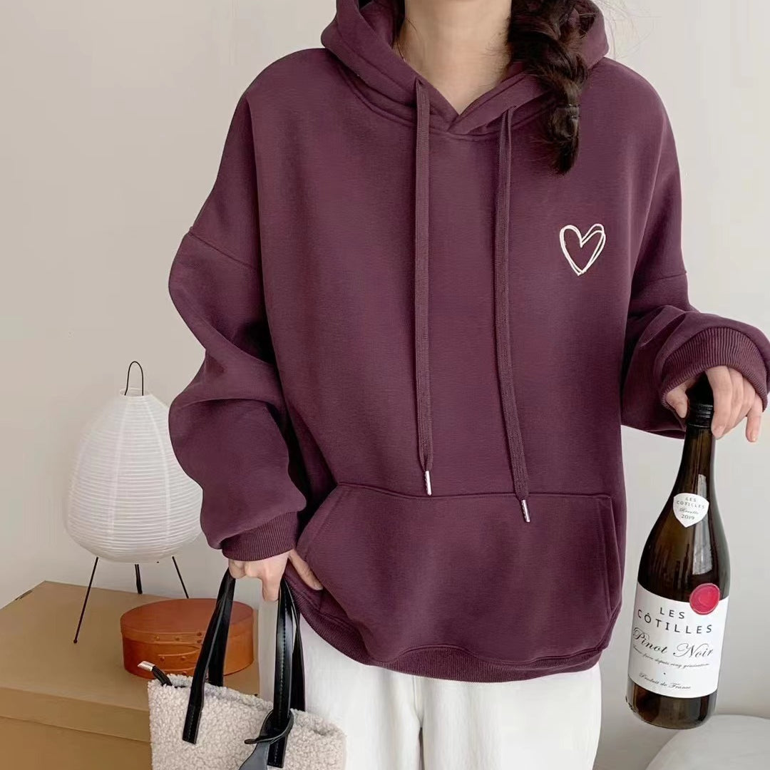 Sweet Women's Heart Embroidered Thickened Hoodie