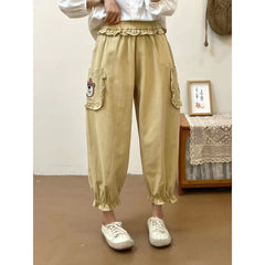 Cute Women's Bear Embroidery Harlan Cropped Pants