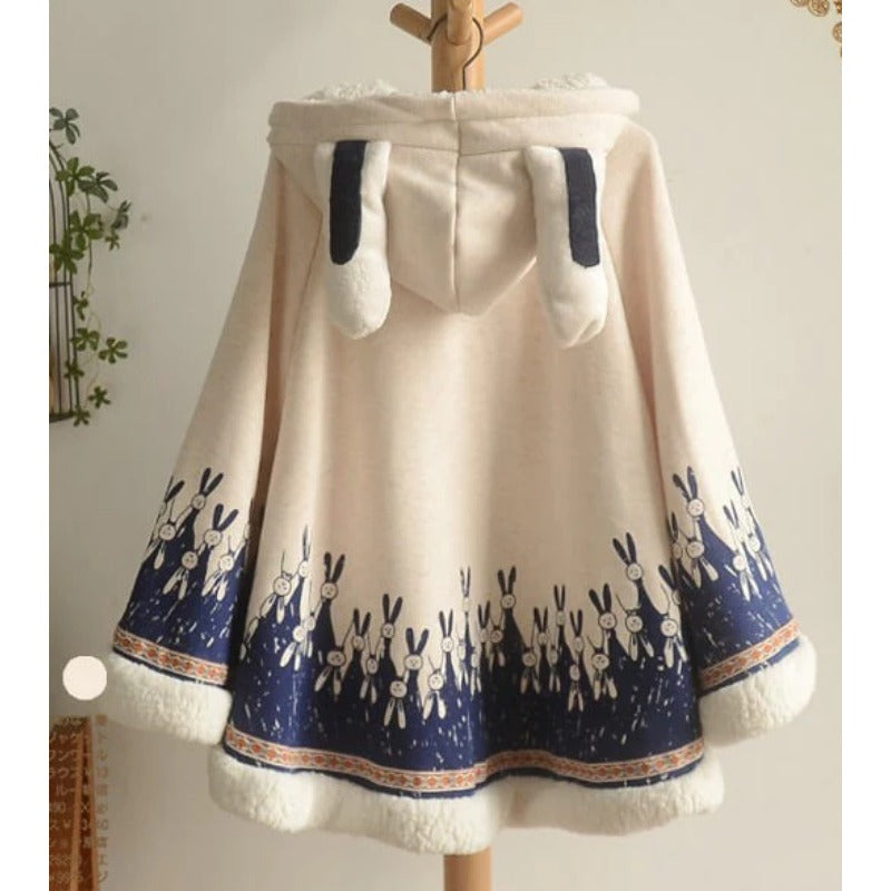 Rabbit Ears Hooded Bunny Print Velvet Cape