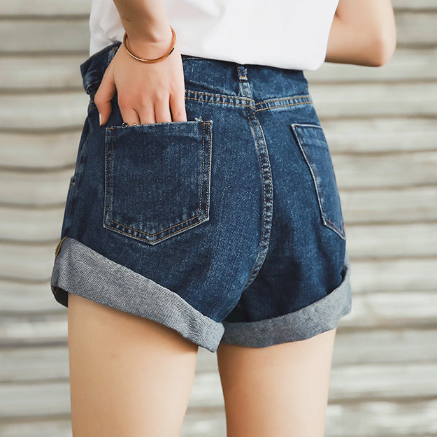 Women's Elastic High Waisted Wide Leg Denim Shorts