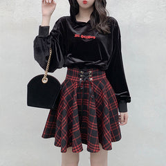 Girls' Red Plaid Woolen High Waist Fluffy Strappy Skirt