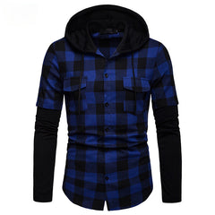 Stylish Men's Plaids Shirt Patchwork Button Hoodie