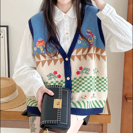 Sweet Embroidered Knitted Vest V-neck Cardigan