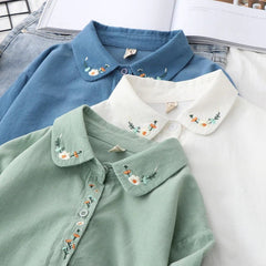 Retro Floral Embroidered Cotton Corduroy Shirt