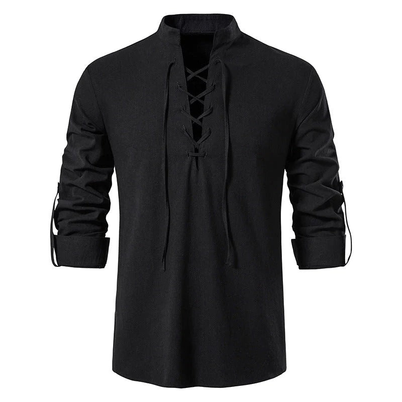 Stylish Men's Hippie Collar Drawstring Long Sleeve Shirt