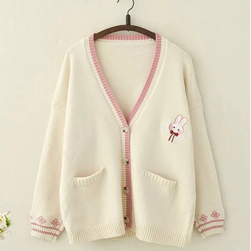 Rabbit Embroidered Solid Color V-neck Cardigan