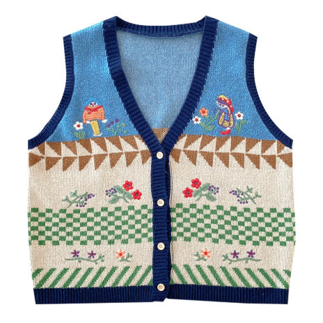 Sweet Embroidered Knitted Vest V-neck Cardigan