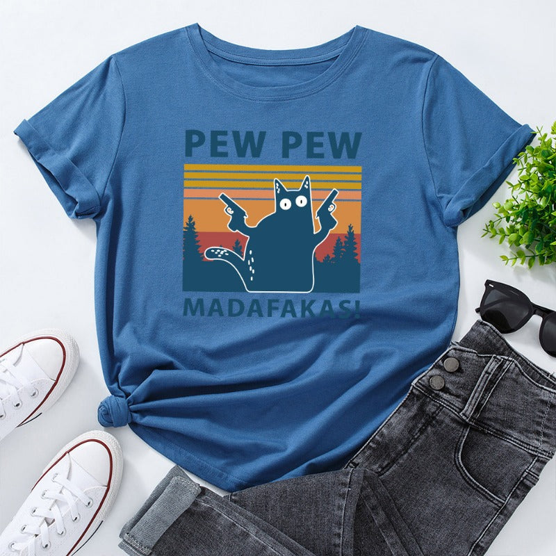 Stylish PEW PEW Cat Loose Round Neck T-shirt