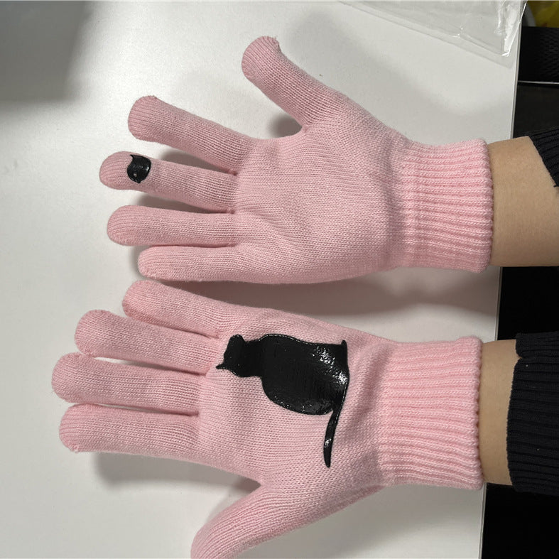 Women's Cat and Bird Printed Knitted Outdoor Gloves