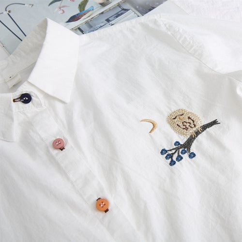 Japanese Style Owl Embroidered Collar Basic Shirt