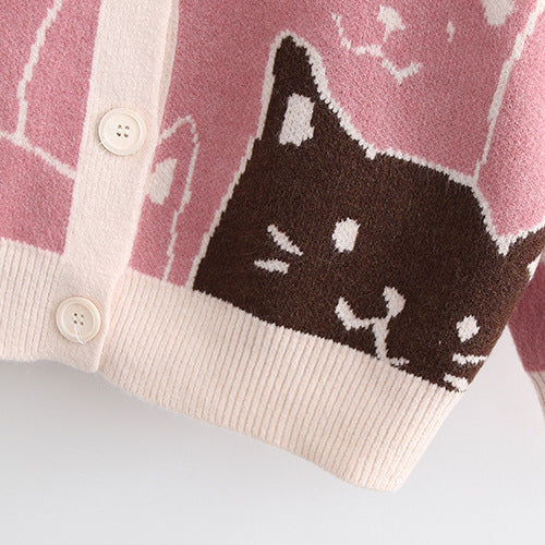 Cartoon Cat Jacquard Knit Cardigan Sweater