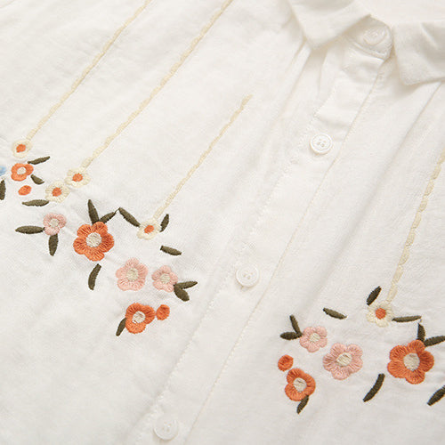 Japanese Style Flower Embroidery Lapel Short Sleeved Shirt