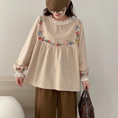 Floral Embroidered Women's Round Neck Hemp Base Shirt