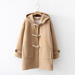 Korean Style Solid Color Horn Button Loose Pockets Coat