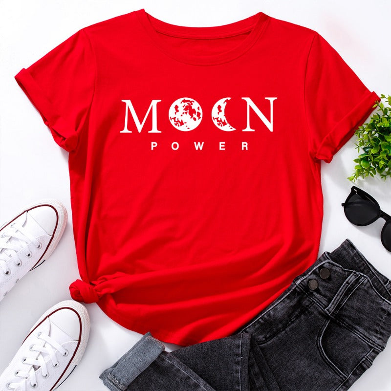 Women's Moon Power Print Loose Round Neck T-shirt