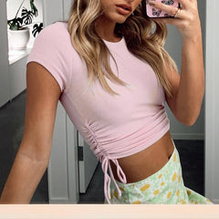 Sexy Women's Straps Round Neck Short Sleeve Crop Top