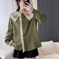 Women's Niche Floral Bear Embroidered Lapel Shirt