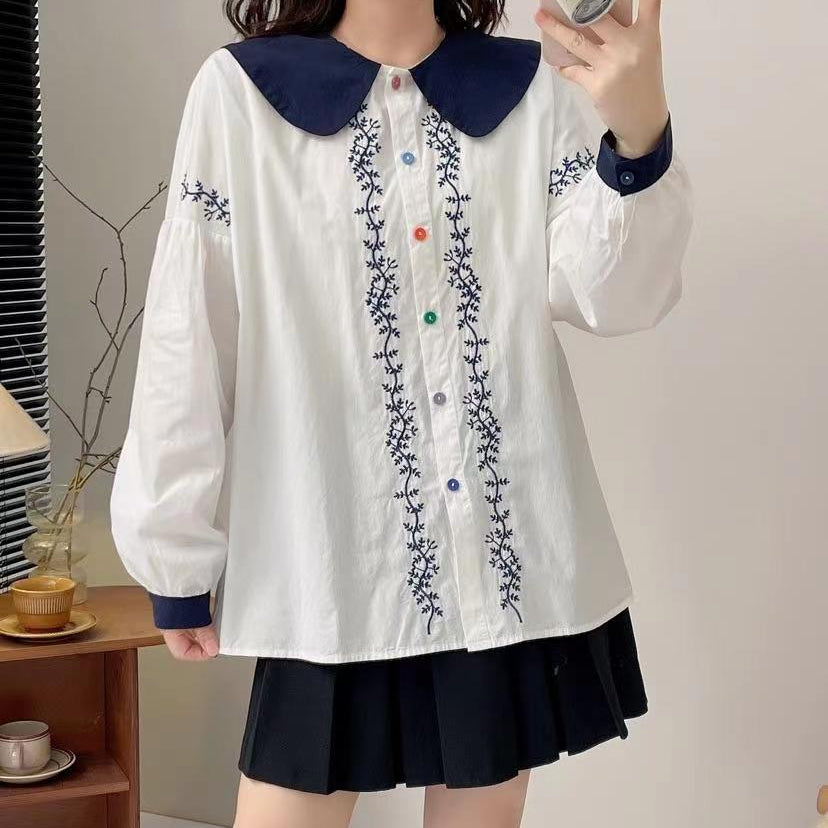 Women's Doll Neck Floral Loose Shirt