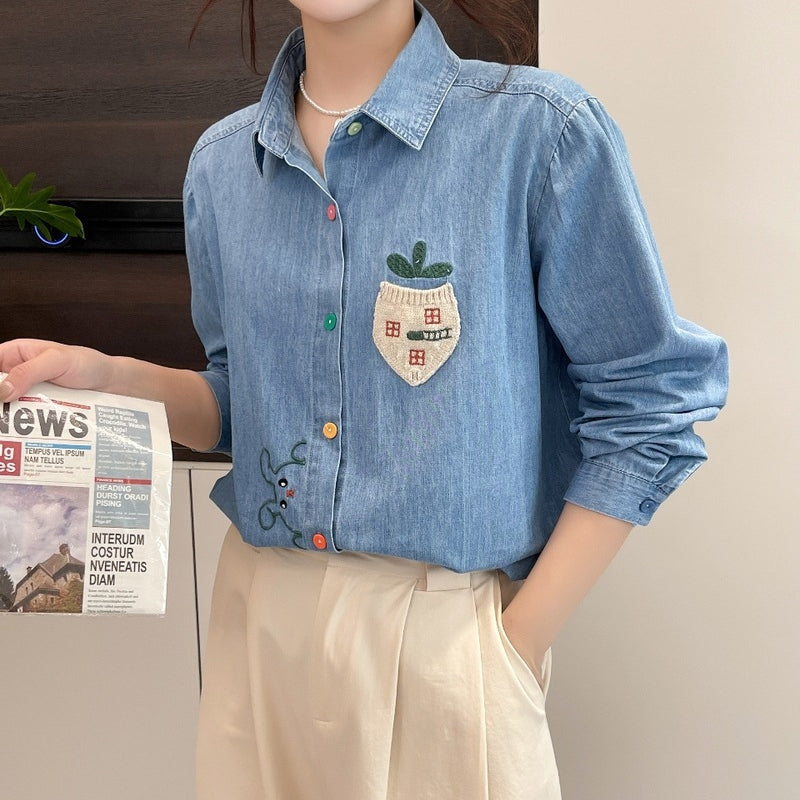 Cute Rabbit Embroidered Long Sleeve Lapel Shirt