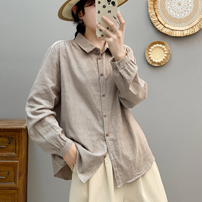 Korean Style Striped Print Women's Long-sleeved Basic Shirt