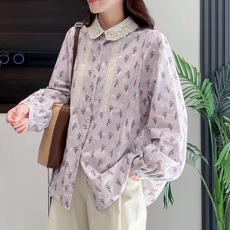 Japanese Mori Crochet Lapel Floral Long Sleeve Loose Shirt