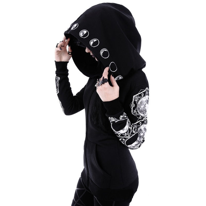 Trendy Punk Style Moon Printed Black Zip Up Hoodie