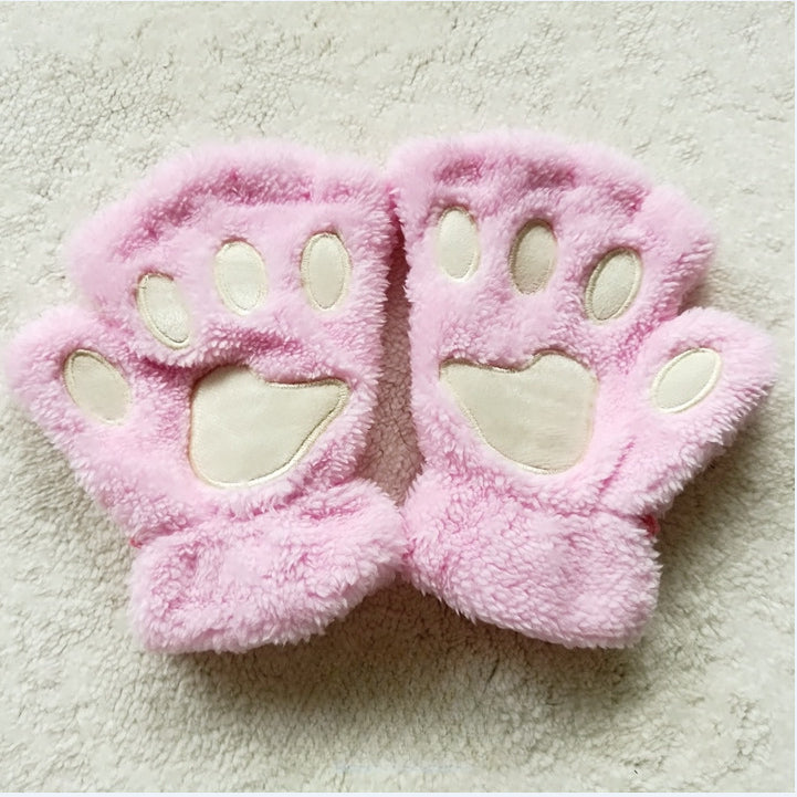 Half-fingered Cartoon Bear Cat Paws Fluff Gloves