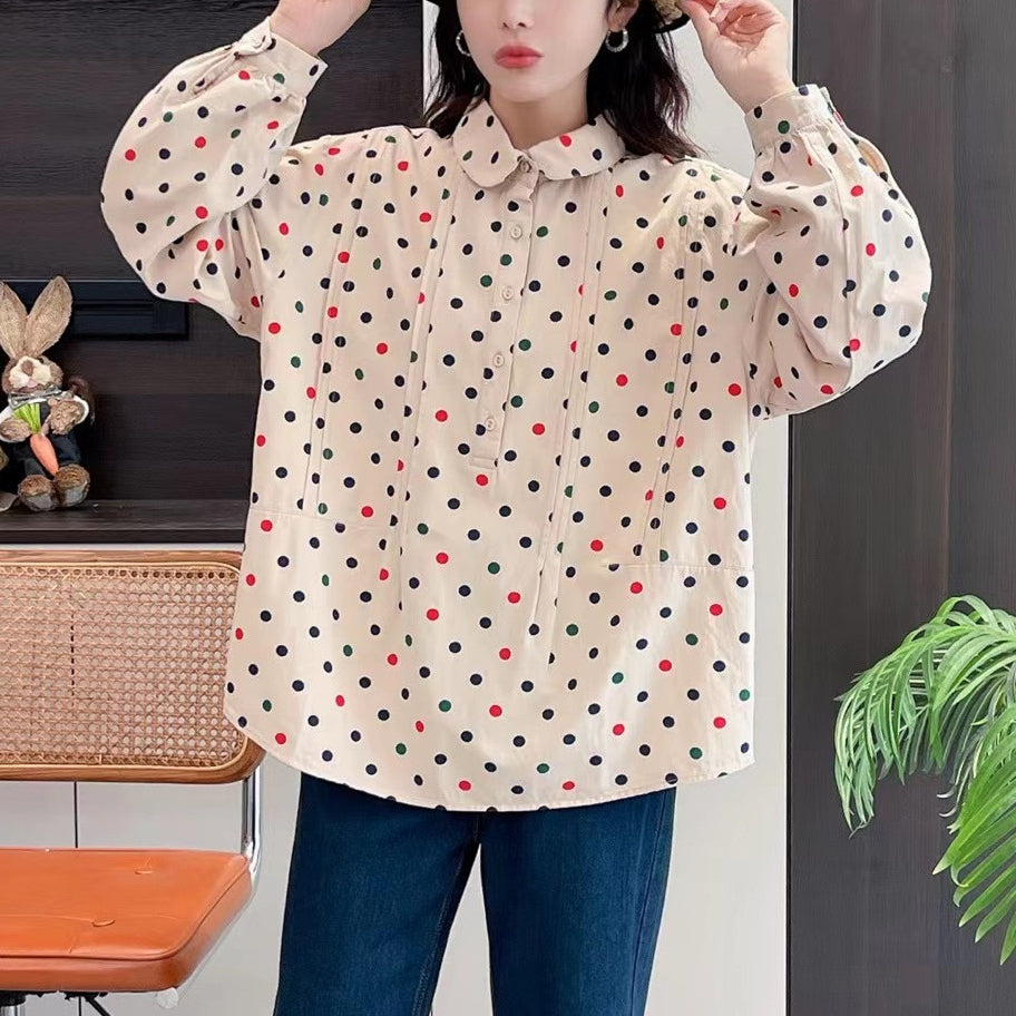 Japanese Style Polka Dot Print Loose Doll Collar Pullover Shirt