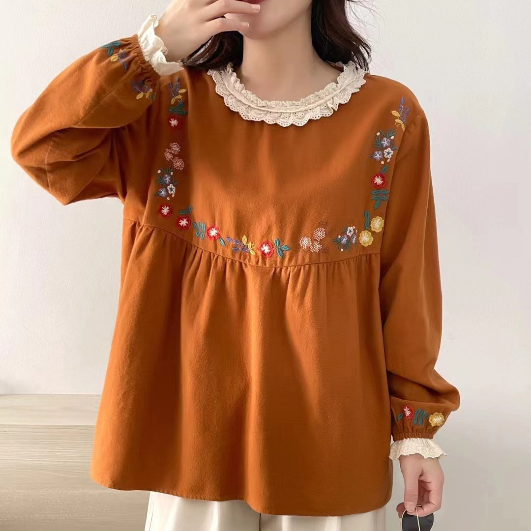 Floral Embroidered Women's Round Neck Hemp Base Shirt