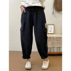 Cute Women's Bear Embroidery Harlan Cropped Pants