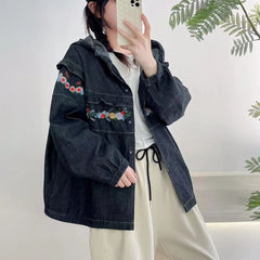 Retro Style Floral Embroidered Hooded Denim Jacket