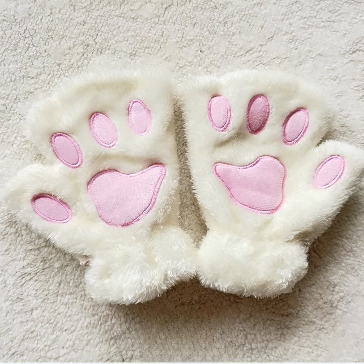 Half-fingered Cartoon Bear Cat Paws Fluff Gloves