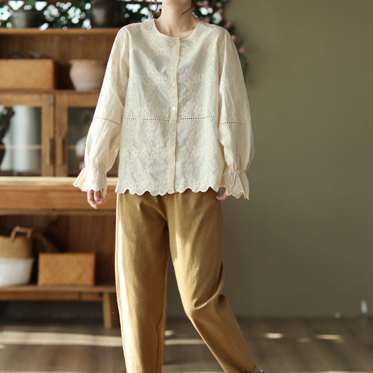 Floral Embroidery Women's Hollowed Out Lantern Sleeve Shirt