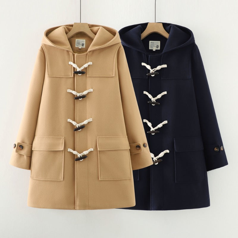 Japanese Style Horn Buckle Thickened Hooded Long Coat