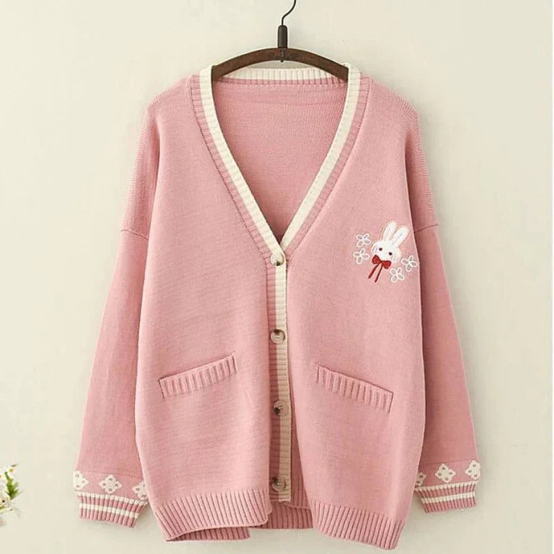 Rabbit Embroidered Solid Color V-neck Cardigan