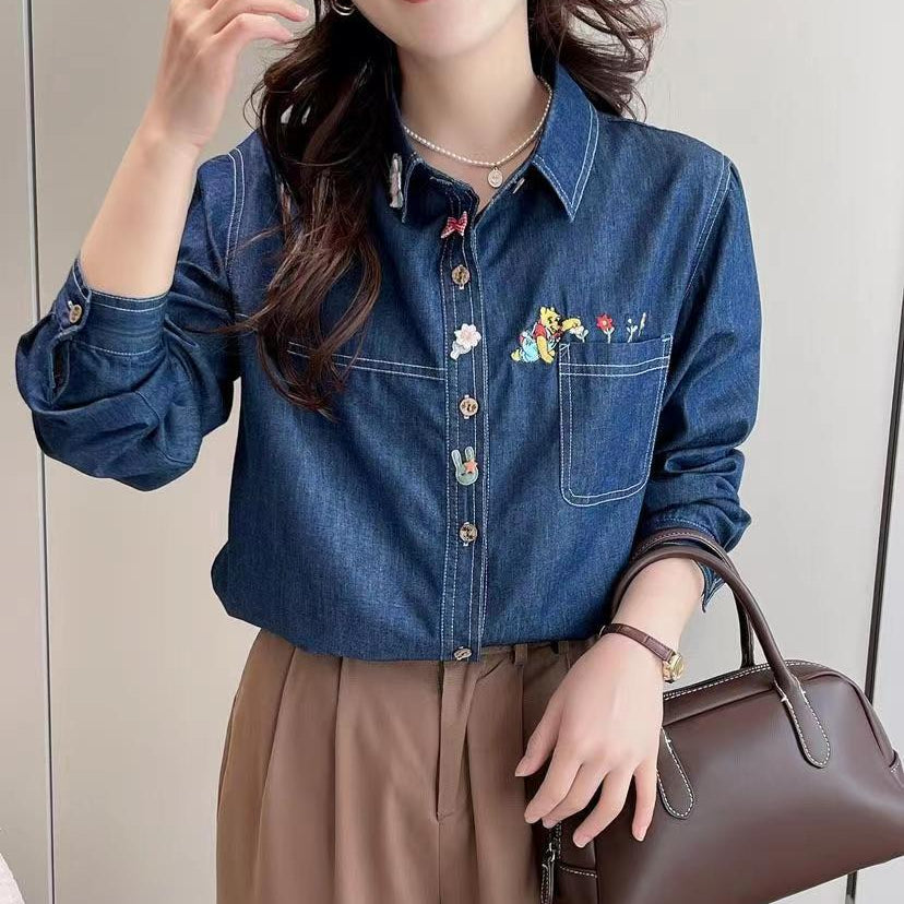 Women's Polo Collar Floral Bear Embroidered Loose Shirt