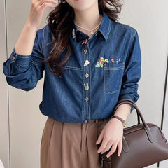 Women's Polo Collar Floral Bear Embroidered Loose Shirt