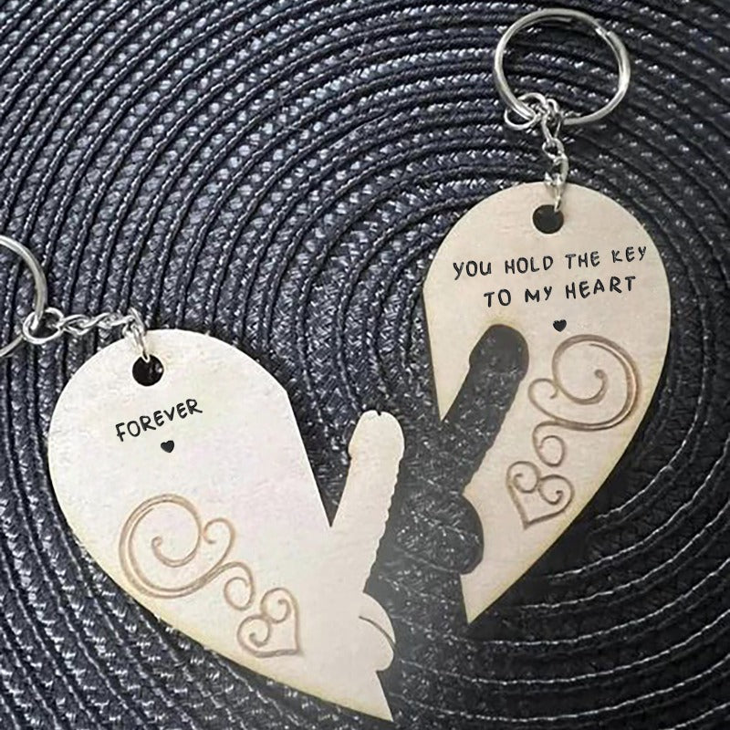 Wooden Love Keychains Couple Heart Engraved Token Gift Pendant